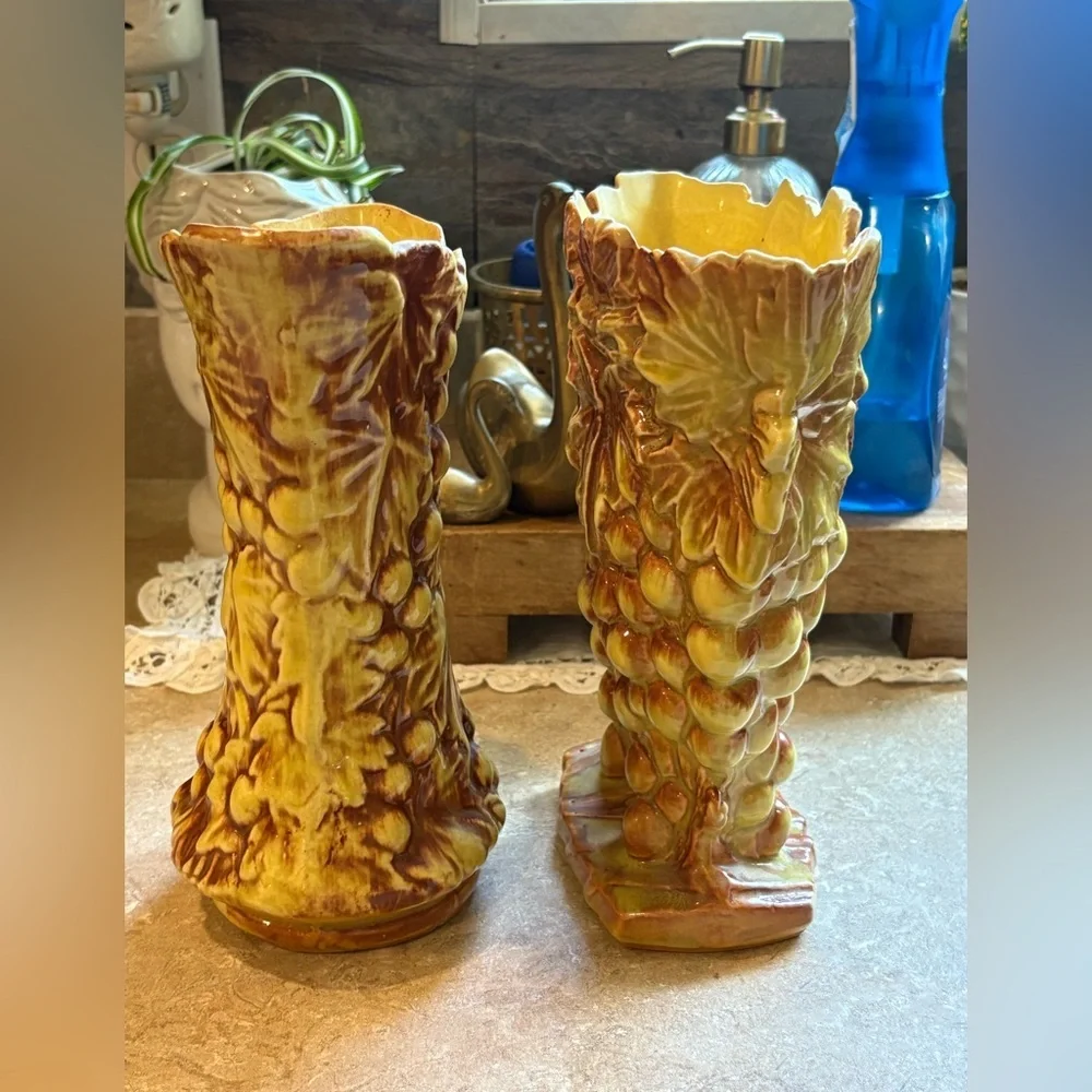 Vintage McCoy Grapevine Pitcher & Matching Vase Planter Set Grape Leaf Pottery